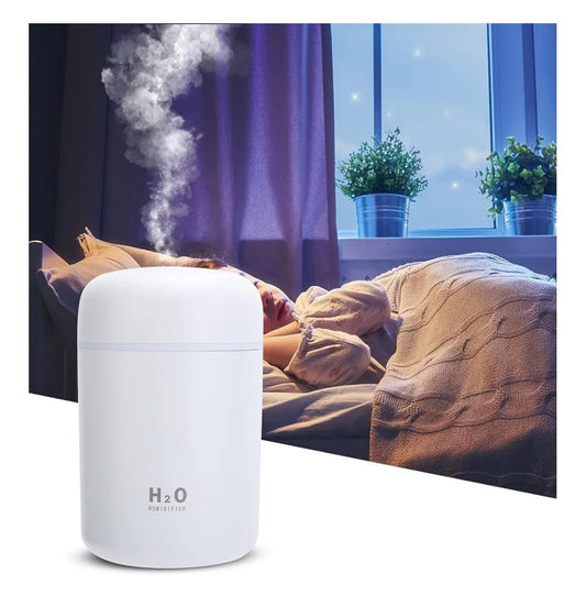 "Premium H2O humidifier with colorful LED lighting, silent mist function, and modern cylindrical design in pink, white, and dark grey."