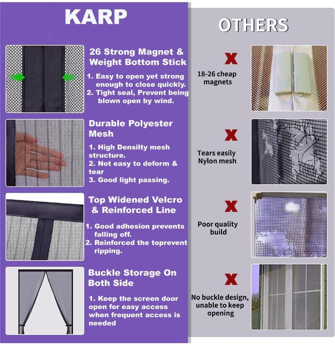 Comparison chart of KARP screen door features versus 'Others' on a purple and gray background.