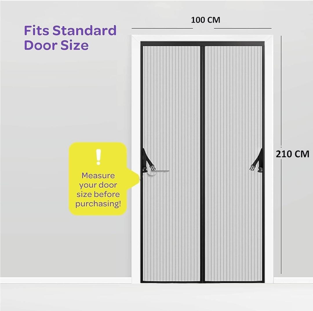 Door with a magnetic screen showing dimensions and a reminder to measure door size.