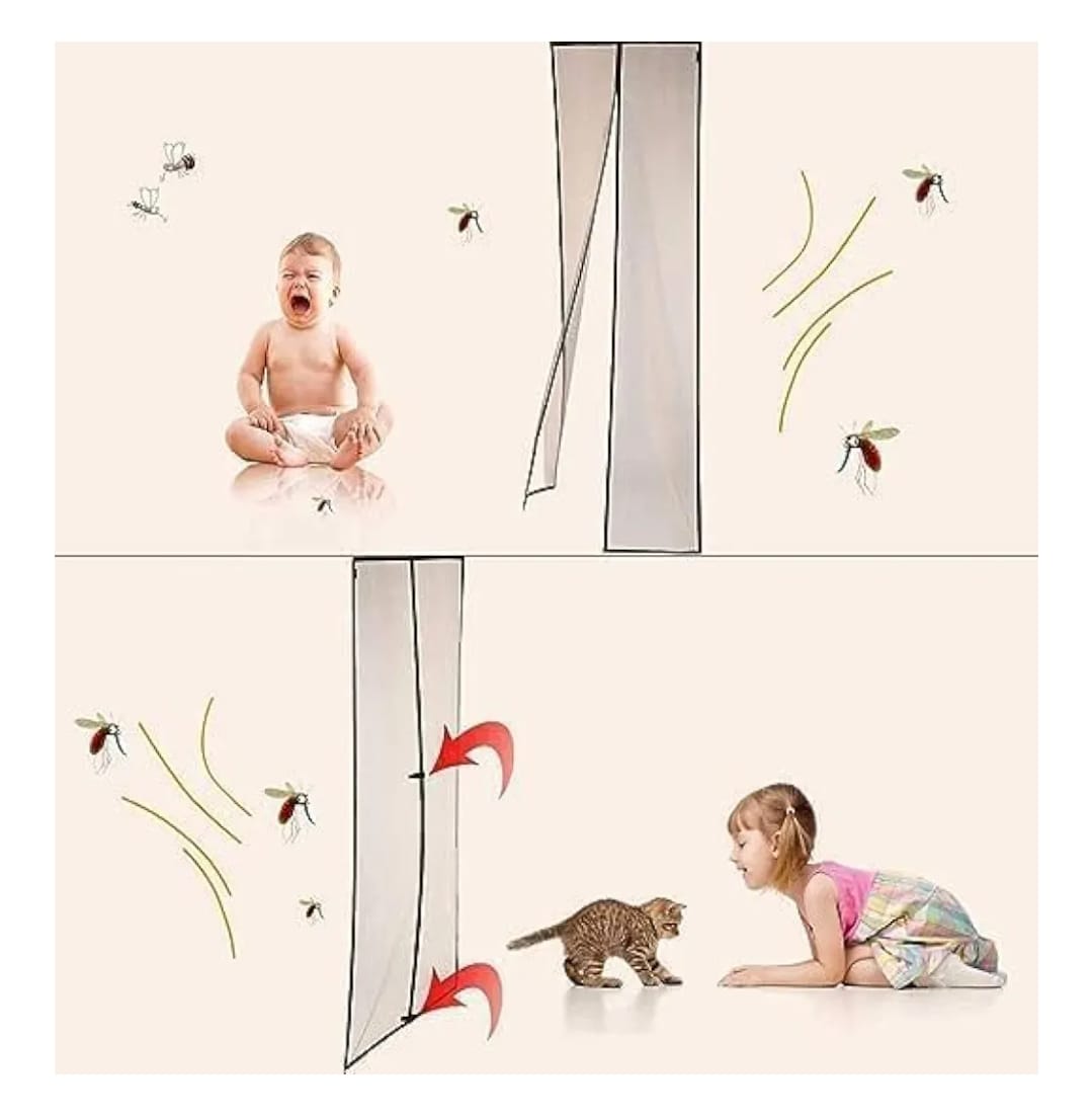Illustration showing a baby, a cat, and a child interacting with a fly screen.