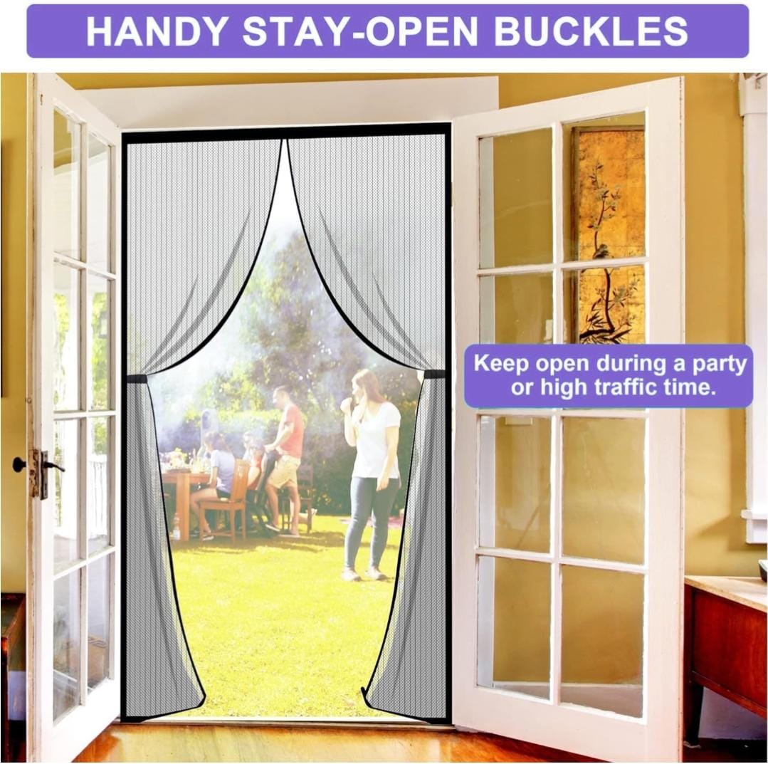 Screen door with mesh curtain and text about handy stay-open buckles