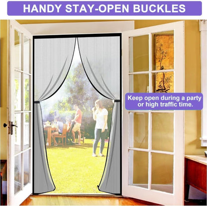 Screen door with mesh curtain and text about handy stay-open buckles