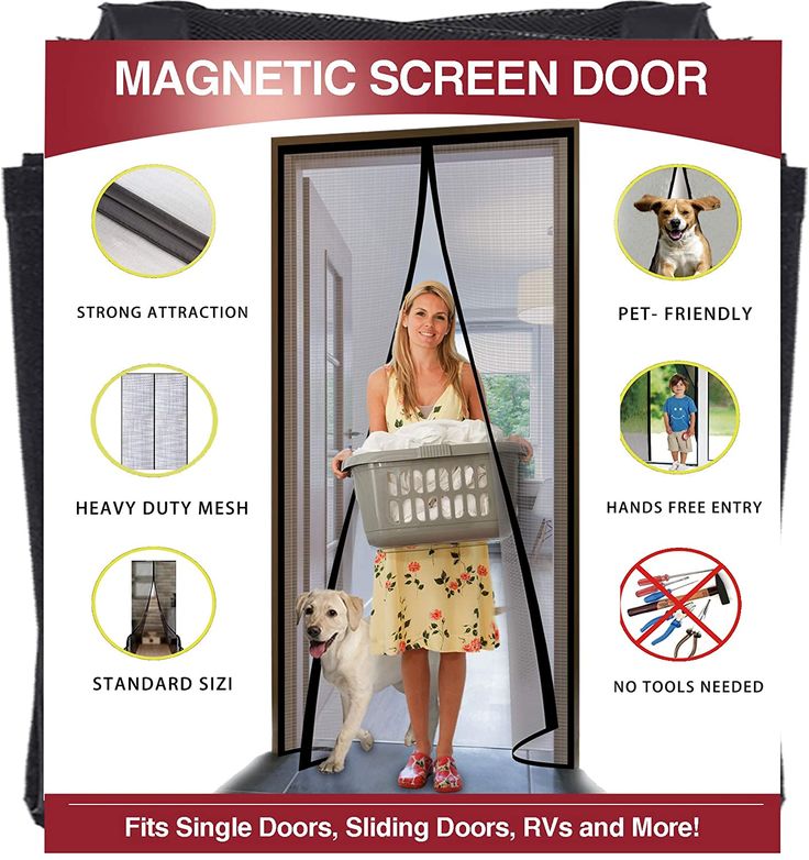 Magnetic screen door with features listed and a woman using it.