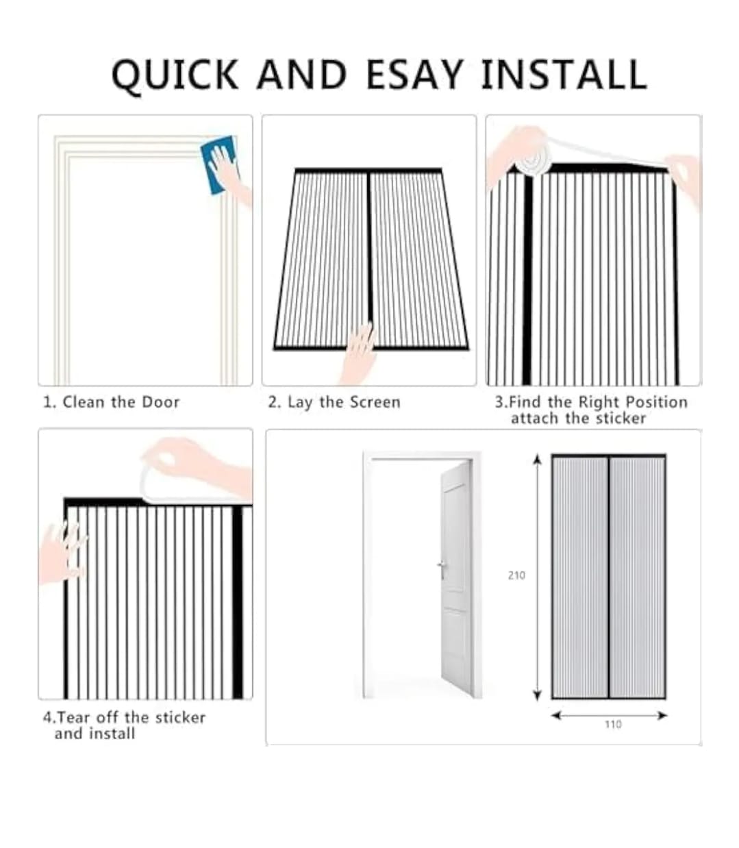 Step-by-step installation guide for a door screen with illustrations and text.
