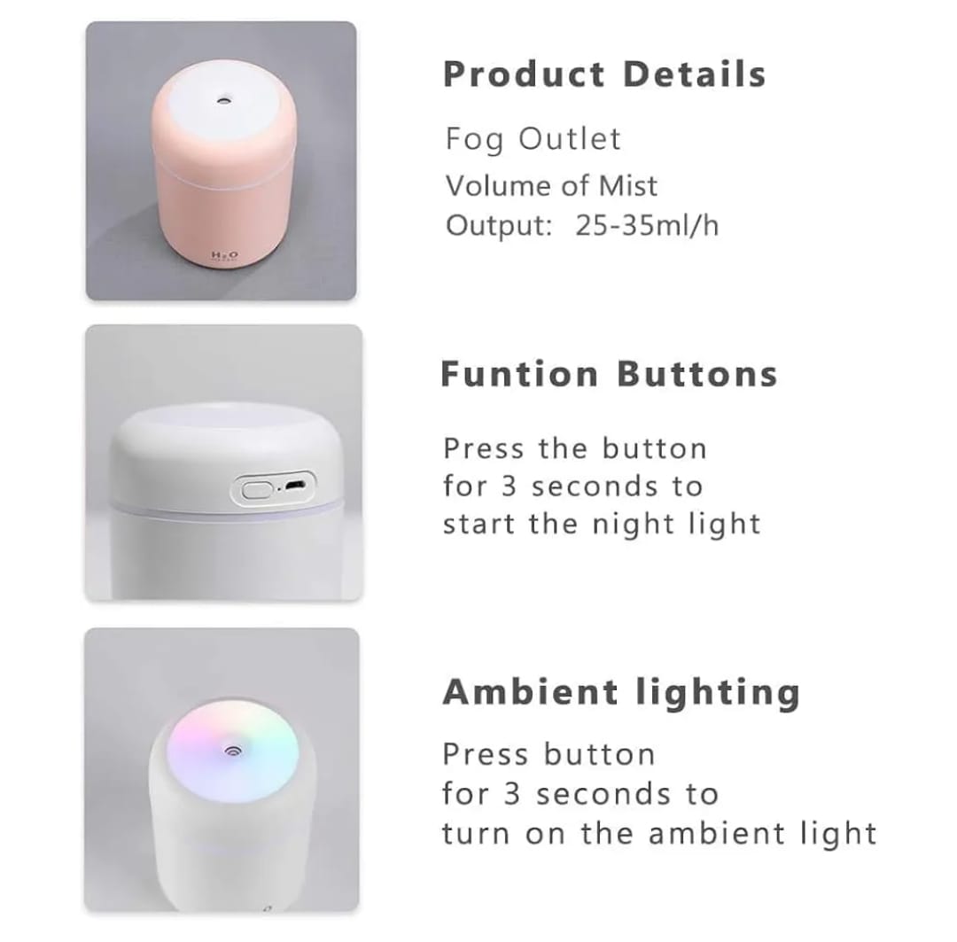 Product details of a fogger device with buttons for night light and ambient lighting.