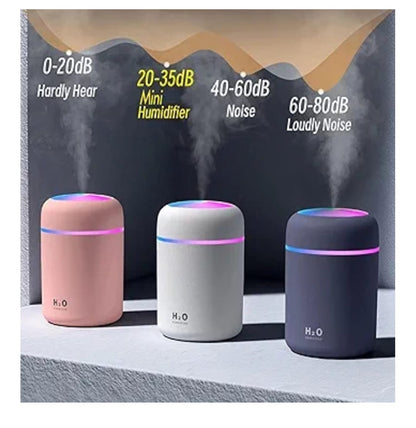 Three H2O humidifiers in pink, white, and purple with a background showing sound level indicators.