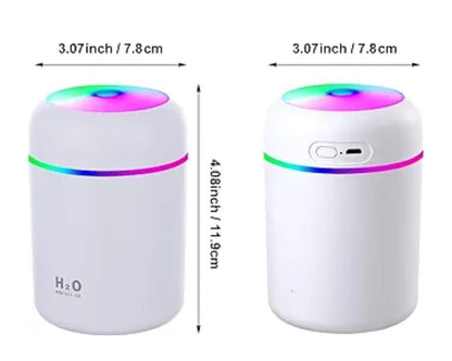 Two white cylindrical devices with colorful LED lights and measurements on a white background