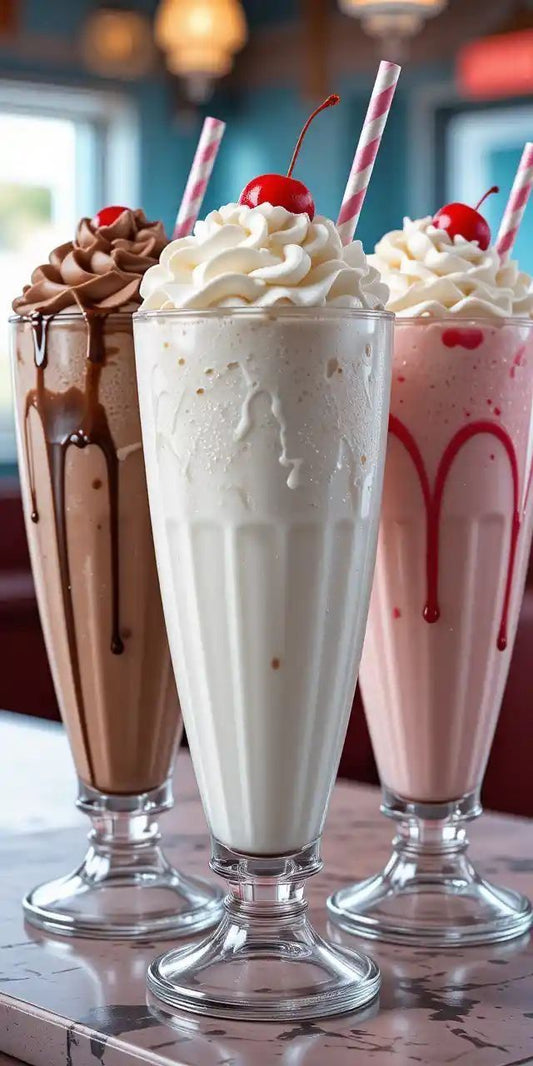 Three milkshakes with different flavors on a table, each topped with whipped cream and a cherry.