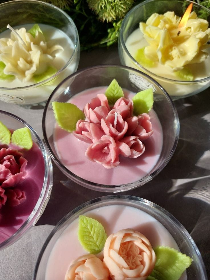 Handcrafted Lotus Flower Decorative Candle in Glass Bowl