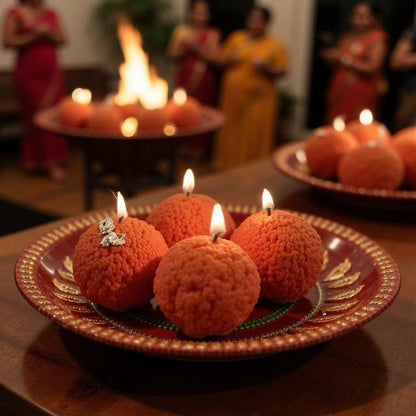"Handcrafted Motichur Laddu Candle – Festive Décor & Luxury Gifting
