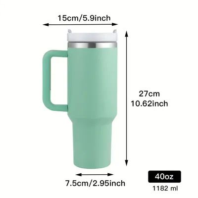 Mint green travel mug with handle and dimensions on a white background