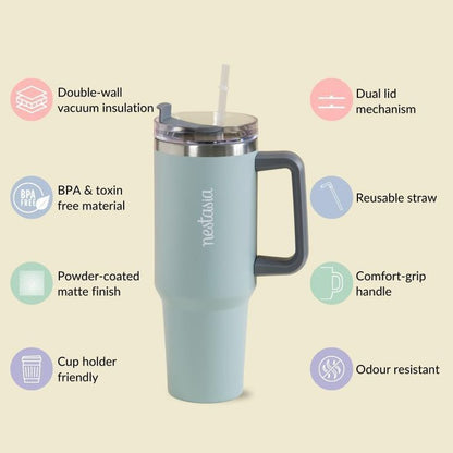 Teal travel mug with handle on a beige background, featuring text labels about its features.