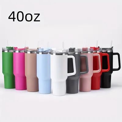 Row of colorful insulated travel mugs with a handle on a white background, labeled '40oz'.