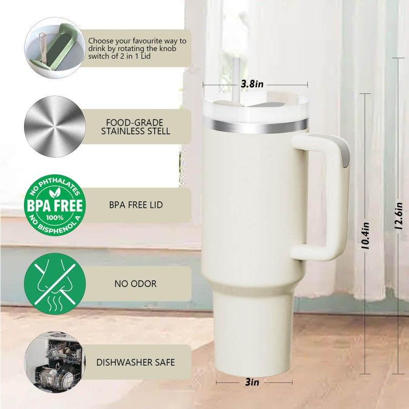 stainless steel travel mug with BPA-free lid, dishwasher safe, no odor design, and detailed size measurements shown on wooden background.”