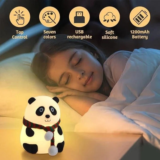 “Cute panda-shaped silicone night lamp with 7 color-changing LED lights, USB rechargeable, soft touch design, shown beside a sleeping child.”
