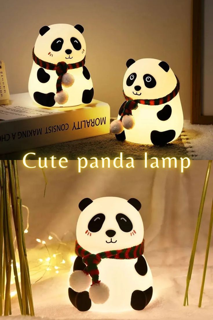 Three panda-shaped lamps on a table with a warm glow.