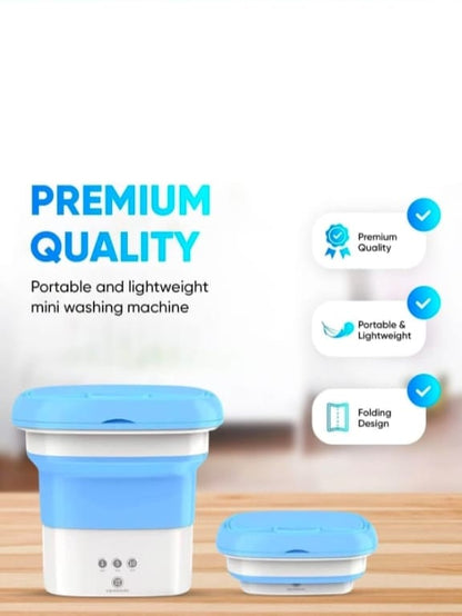 Portable mini washing machine with 'Premium Quality', 'Portable & Lightweight', and 'Folding Design' features on a white background.