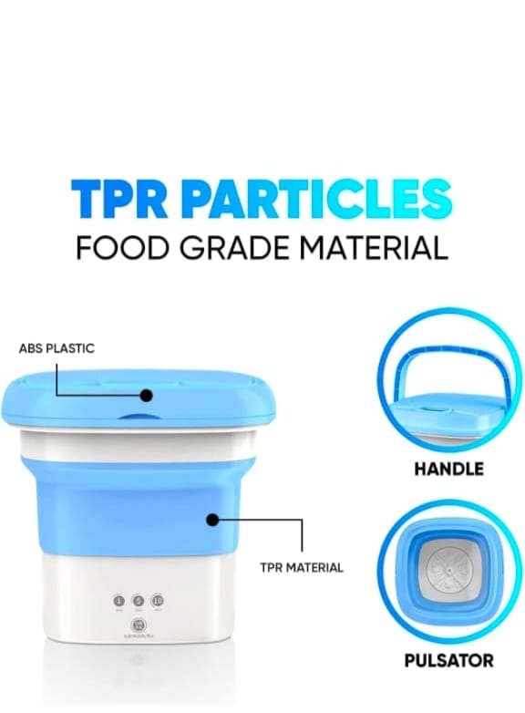 Collapsible container with blue lid and white body, featuring TPR particles and food-grade material, on a white background.