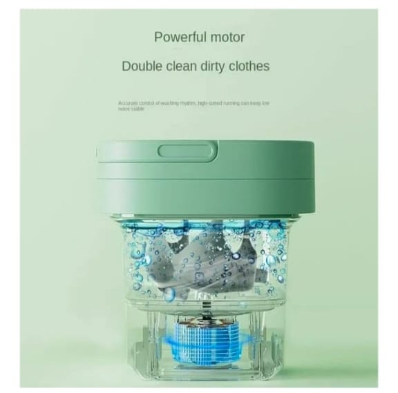 Green appliance with clear container showing clothes and bubbles on a light green background