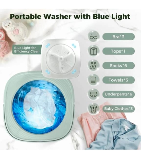 Portable washer with blue light and laundry items on a white background