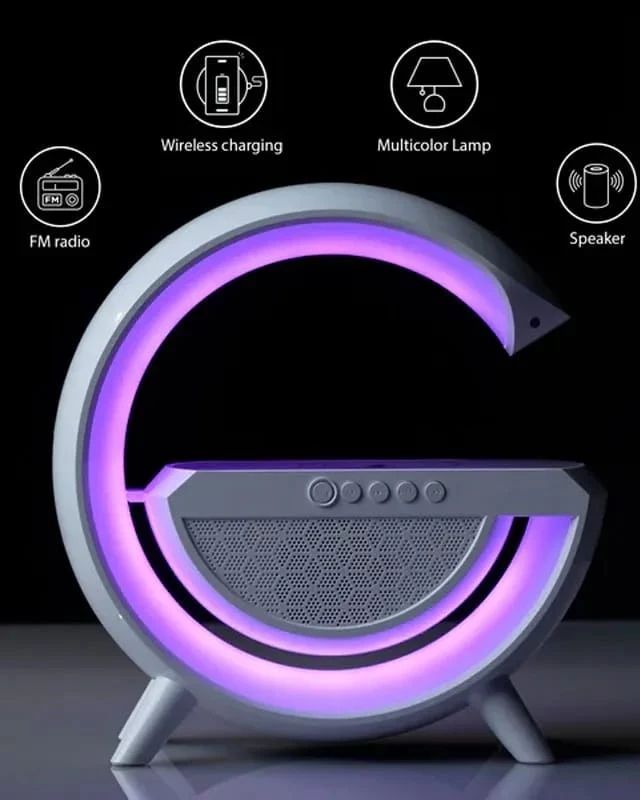 Multifunctional device with LED lighting, wireless charging, FM radio, and speaker on a black background.